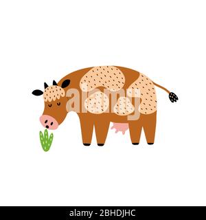 Cow eating grass isolated element. Cute farm animal print Stock Vector