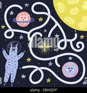 Help the llama astronaut find way to the Moon Stock Vector