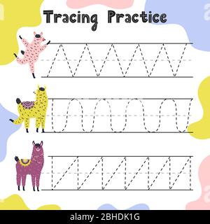 Trace line activity page for kids. Handwriting practice worksheet with funny llamas Stock Vector