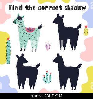 Find the correct shadow activity page with funny llama Stock Vector