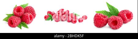 Ripe raspberries with leaf isolated on a white background, Set or collection. Stock Photo
