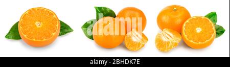 tangerine or mandarin fruit with leaves isolated on white background. Set or collection. Stock Photo