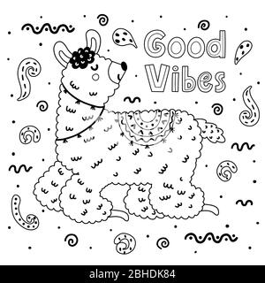 Coloring page with cute llama. Black and white print Stock Vector