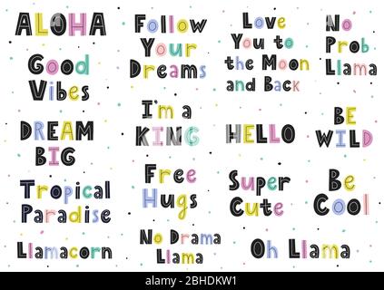 Hand drawn lettering collection. Set with colorful quotes Stock Vector