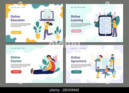 Collection of landing page banners with trendy people working and learning online Stock Vector