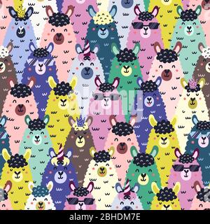 Funny llamas colorful seamless pattern. Childish background with cute alpaca Stock Vector