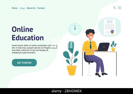 Header for landing page or website with a man surfing internet and learning online Stock Vector