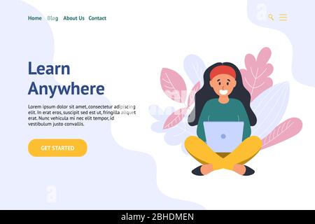 Header for website with a girl browsing internet on laptop Stock Vector