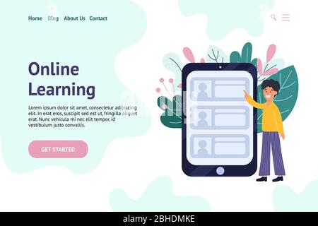 Education banner for website with a man choosing online teacher Stock Vector
