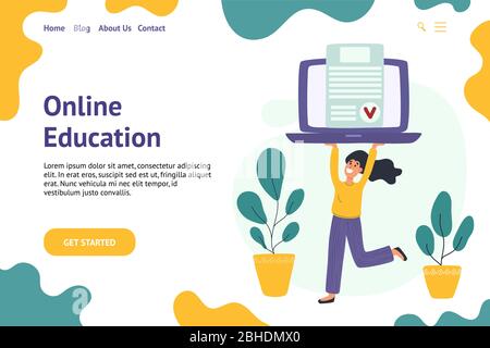 Online education banner with a girl holding laptop Stock Vector