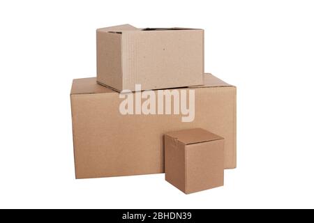 cardboard box isolated on white background. Three eco boxes for delivery or donation Stock Photo