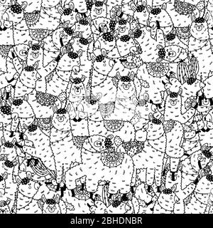 Black and white seamless pattern with funny llamas Stock Vector