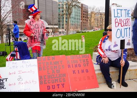 Wisconsinites rallied at the Capitol of Wisconsin protest against safer at home order due to the Coronavirus pandemic to allow the state reopen. Stock Photo