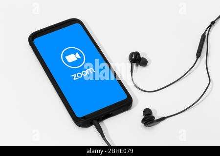 Galicia, Spain; april 25, 2020 : Smart phone showing Zoom Communications app and logo on screen Stock Photo