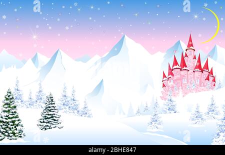 Winter landscape with a pink princess castle. Cartoon pink castle on a background of a winter forest. Snowy mountain peaks. The moon and stars in the Stock Vector