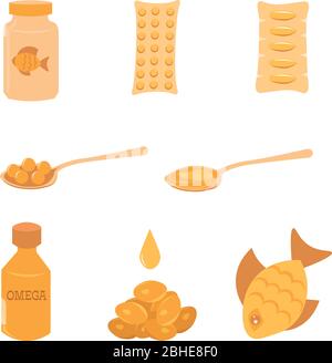 Omega 3 sources. Hand drawn illustration of different food with omega 3. Spoon fish oil. Vitamins and supplements. Stock Vector