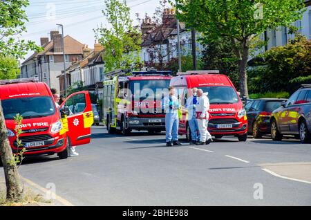 London, UK. 25th Apr, 2020. A man has died in a house fire in Earlsfield. Firefighters were called to the house on Burntwood Lane at 7.36am on Saturday, April 25 and had the fire under control by 8.33am. The fire crew found a man in a ground floor bedroom and brought him out of the house, but he died at the scene. Credit: JOHNNY ARMSTEAD/Alamy Live News Stock Photo