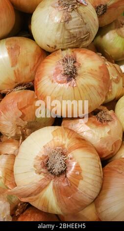 Yellow Onions at a Produce Stand. Stock Photo