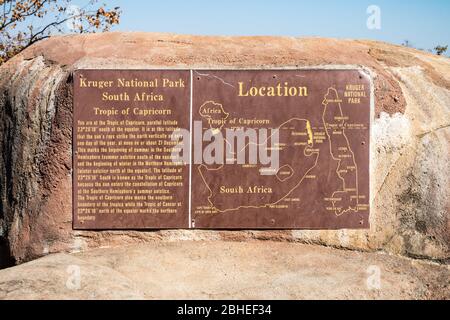 Tropic of Capricorn information sign next to a road in Kruger National Park, South Africa Stock Photo