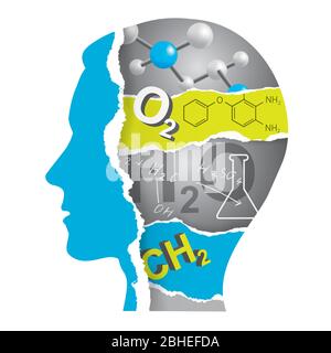 Student of Chemistry, paper collage silhouette. Male head stylized silhouette with torn paper fragments with Chemistry symbols and formulas. Stock Vector