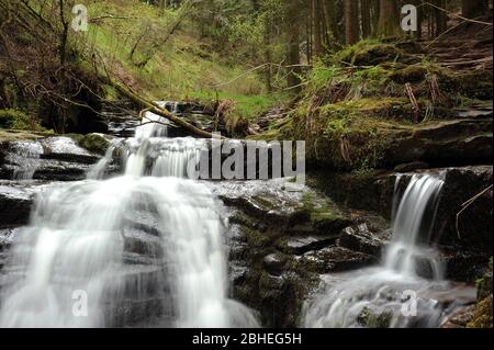 Small waterfall at the confluence of Nant Bwrefwr and its last major tributary stream. Stock Photo