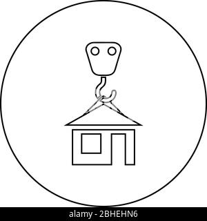 Crane hook lifts home Holds roof house icon in circle round outline black color vector illustration flat style simple image Stock Vector
