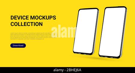 Realistic template mock up of two rotated angled smartphones for web design, webpages, banners, landings, presentations. Perspective view Stock Vector