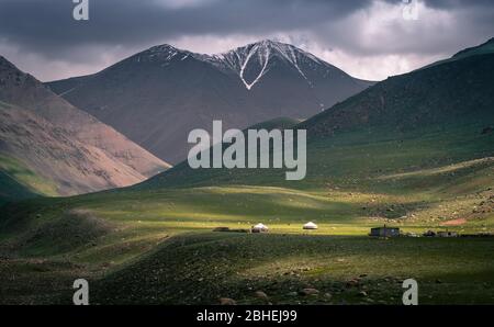 Yurts, summer camps, Altai mountains, Bayan-Ulgii province, Mongolia, Asia Stock Photo