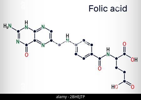 Folic acid, folate molecule. It is known as vitamin B9. Skeletal chemical formula. Vector illustration Stock Vector