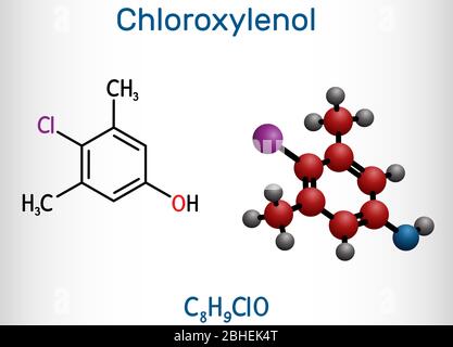 Chloroxylenol, C8H9ClO PCMX molecule. It is an antiseptic and disinfectant for skin disinfection and surgical instruments. Structural chemical formula Stock Vector