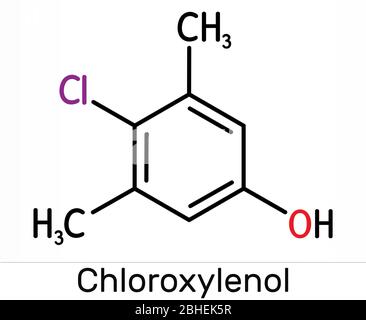 Chloroxylenol, C8H9ClO PCMX molecule. It is an antiseptic and disinfectant for skin disinfection and surgical instruments. Skeletal chemical formula. Stock Photo