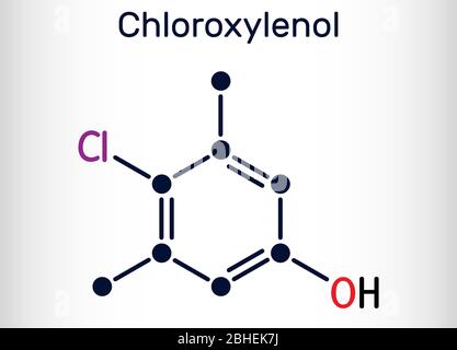 Chloroxylenol, C8H9ClO PCMX molecule. It is an antiseptic and disinfectant for skin disinfection and surgical instruments. Structural chemical formula Stock Vector