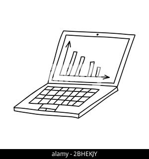 Hand drawn doodle laptop icon with graph on desktop. Isolated on white background. Vector stock illustration.