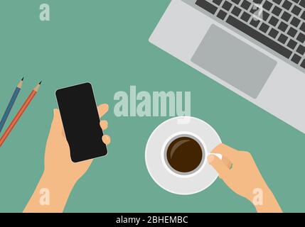 Flat design cartoon illustration of workplace with desk, hands holding coffee cup and mobile phone. Laptop and two pencils isolated on green backgroun Stock Vector