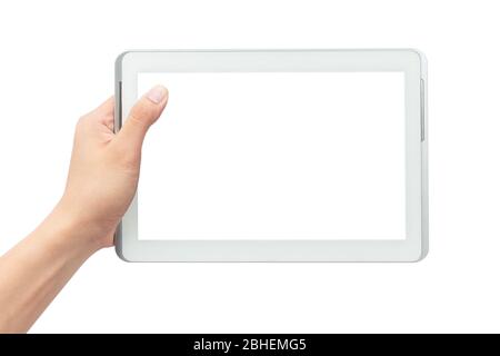 Male hand holding the white tablet pc computer with blank screen isolated on white background with clipping path. Stock Photo