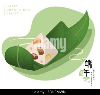 Happy Dragon Boat Festival traditional food rice dumpling and bamboo leaf. Chinese translation : Duanwu Stock Vector