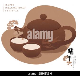 Happy Dragon Boat Festival traditional cartoon item hot tea pot and cup. Chinese translation : Duanwu Stock Vector