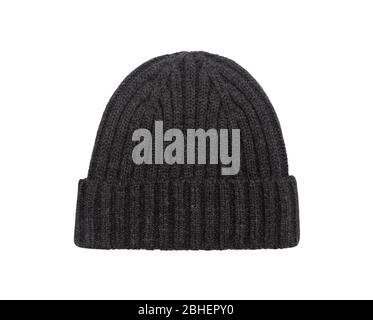 Dark grey beanie hat isolated on white background with clipping path. Stock Photo
