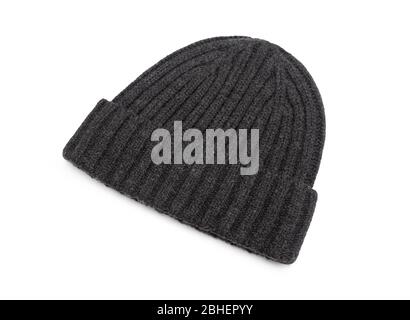 Dark grey beanie hat isolated on white background with clipping path. Stock Photo