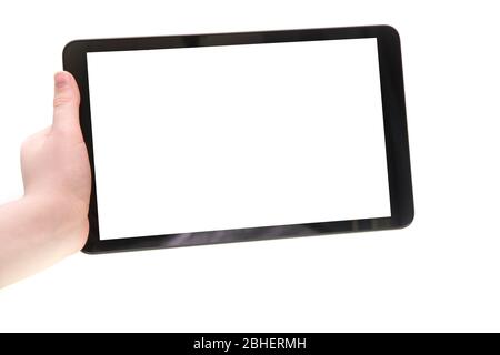 Boy hand holding tablet over white background Stock Photo
