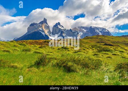 The Cuernos del Paine mountain peaks in spring, Torres del Paine national park, Patagonia, Chile.