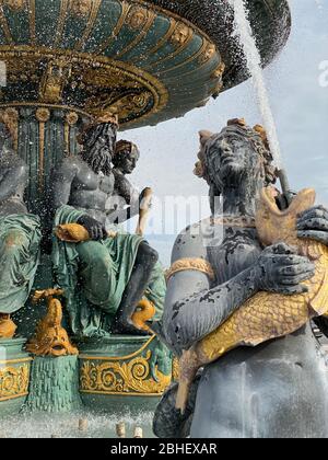 Fountain of the Seas detail, Concorde Square, Paris, France - Fontaine des mers, place de la Concorde, Paris Stock Photo