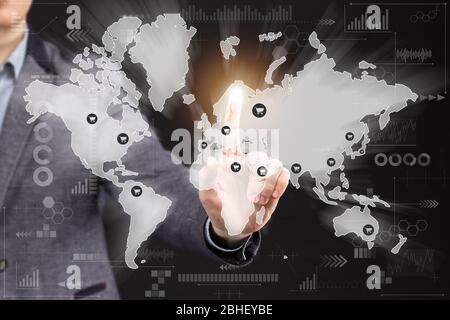 Shopping concept on a world map with connections and a man pointing. Close up. Stock Photo