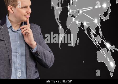 Business connection concept on a world map with connections and a man. Close up. Stock Photo