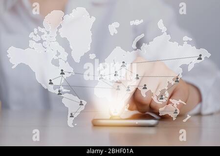 Global communications concept depicted on a world map. Close up. Stock Photo
