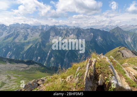 View from the mountain Ahorn in the valley Zillertal in Austria with the alps in the background Stock Photo