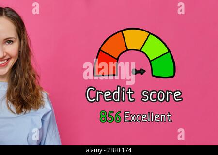 Credit score excellent concept - girl on a white background with icons and text. Close up. Stock Photo