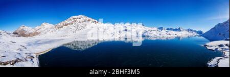 Frozen White Lake - Bernina Pass - Switzerland - Panoramic aerial view Stock Photo