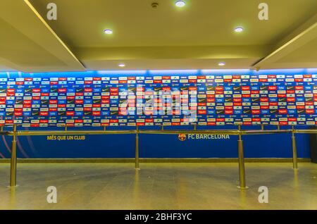 Barcelona, Spain, March 14, 2019: flash interview zone of Camp Nou stadium. Nou Camp is the home stadium of football club Barcelona, the largest stadium in Spain. Stock Photo