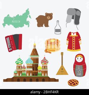 Russia icon set, vector collection of russian culture, including St. Basil's Cathedral, matryoshka doll, russian guitar. isolated on white Stock Vector